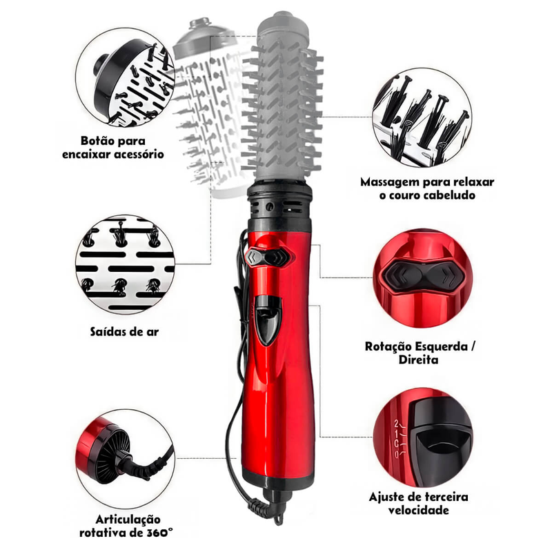 Escova Rotativa Giratória 110V - Escova Térmica Profissional com Cabo Giratório 360 Graus