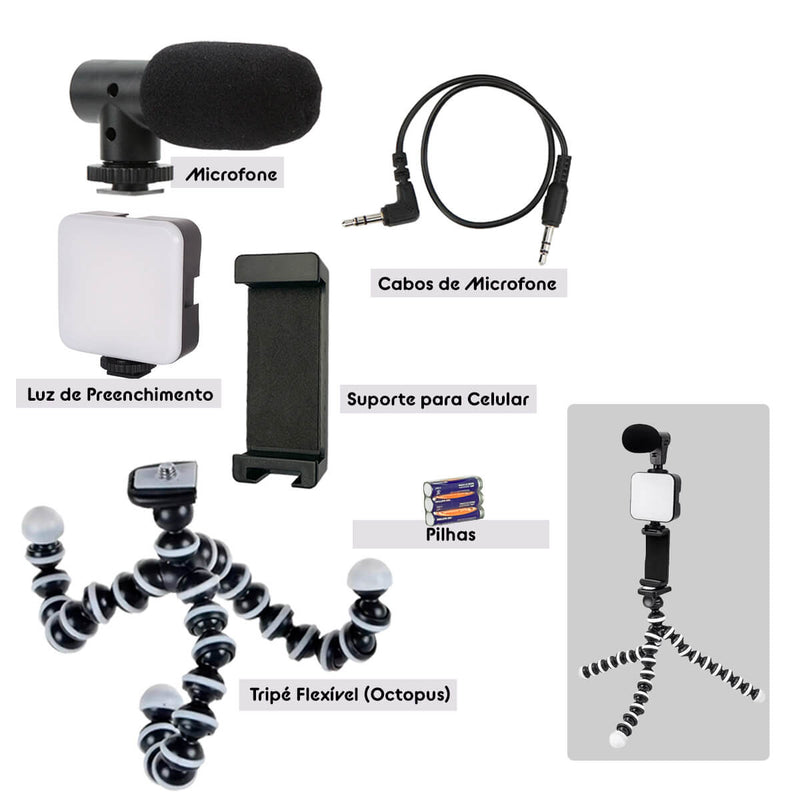 Kit Gravação Youtuber Live Tripé Led Microfone - Tripé 360 Graus