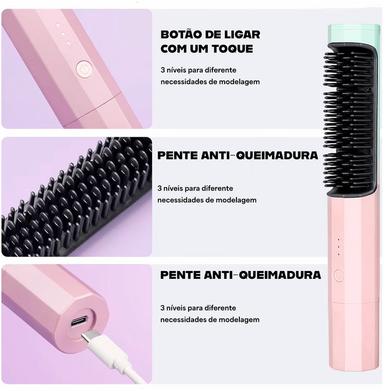 Escova Alisadora de Cabelo Sem Fio - Com Cabo USB e Design Portátil