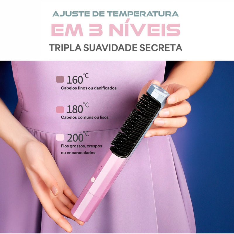 Escova Alisadora de Cabelo Sem Fio - Com Cabo USB e Design Portátil