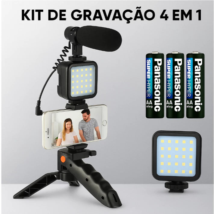 Kit de Gravação [4 em 1] Com Microfone, LED, Suporte Celular